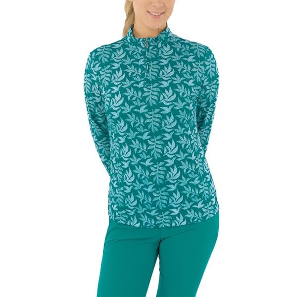 Pure Golf Ladies Serenity Long Sleeve Zip Top - Teal Frondescence